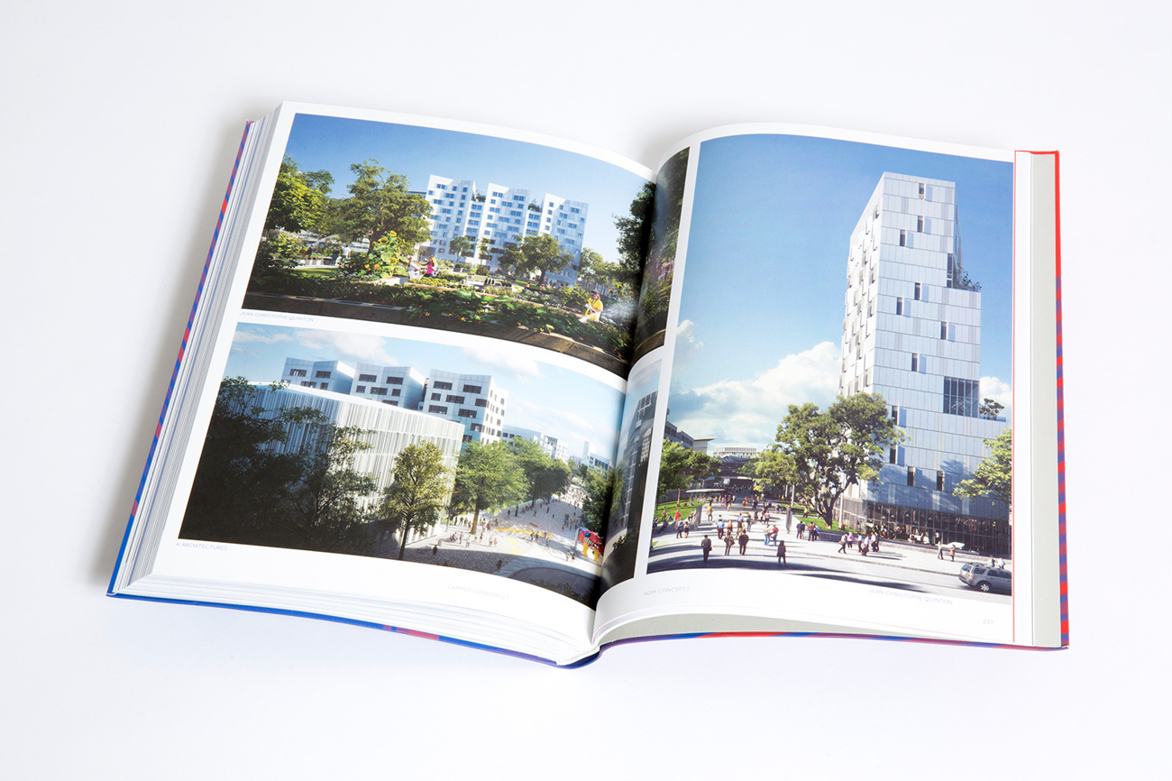 Graphisme éditorial de livre d’architecture avec mise en page structurée, plans techniques, images d’archives et photographies contemporaines professionnelles d’un architecte.