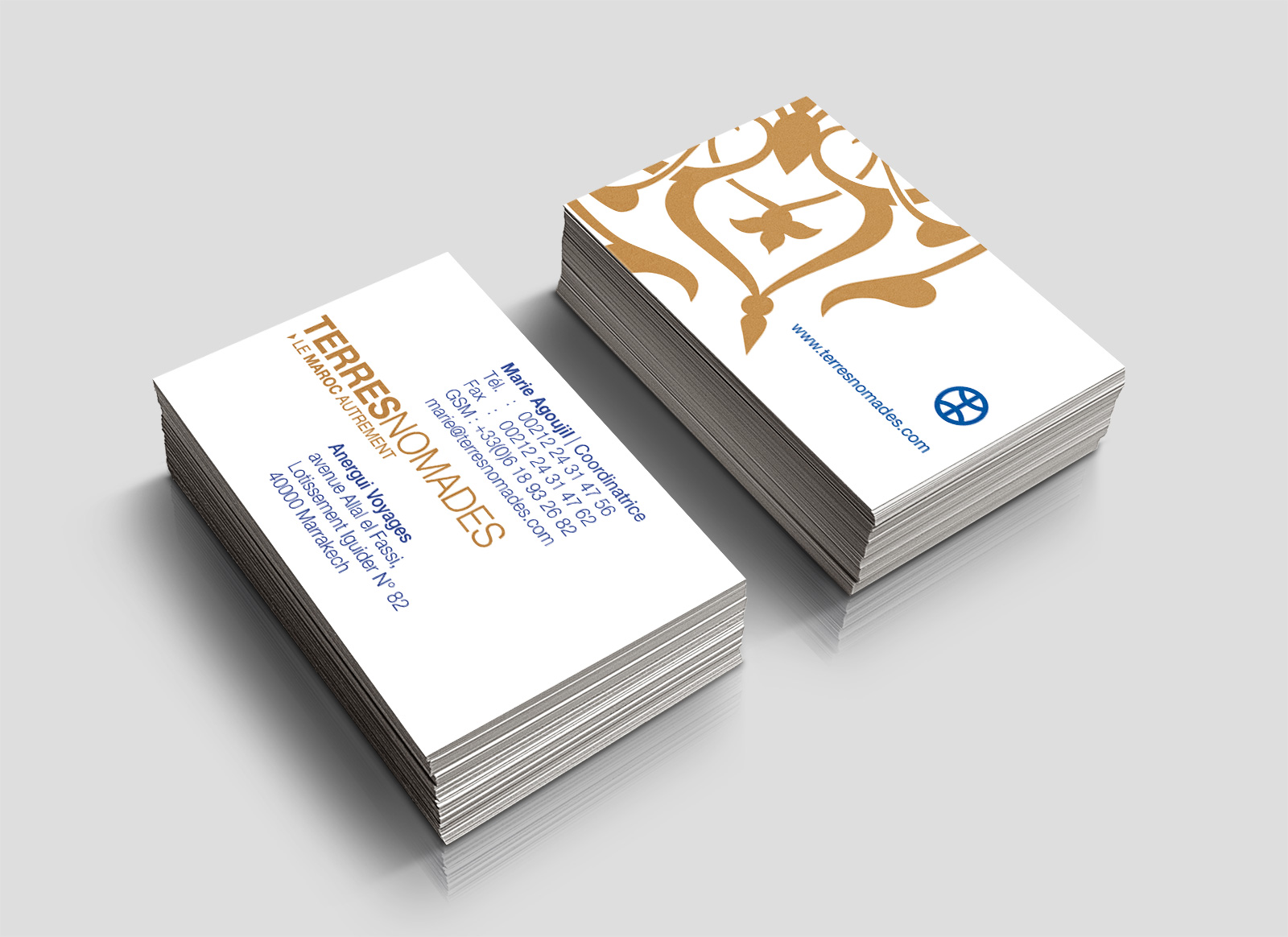 Logo et carte de visite Terres Nomades – identité visuelle agence de voyages marocaine