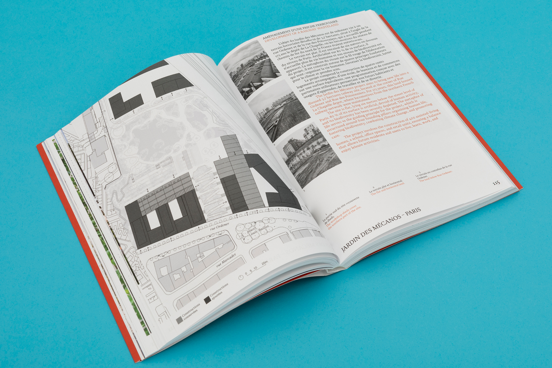 Graphisme éditorial pour livre d’architecture combinant plans, images d’archives et photographies contemporaines professionnelles, illustrant les projets de l’architecte Christian Biecher.