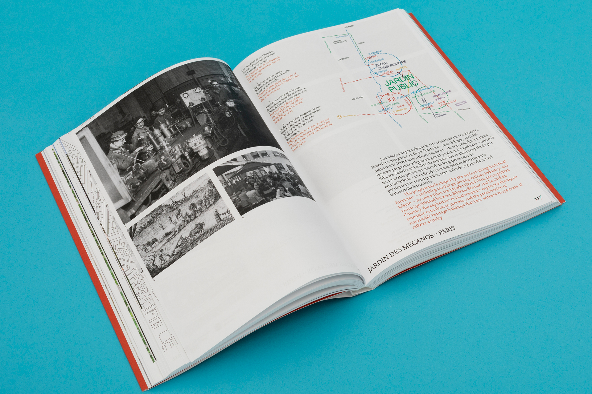 Graphisme éditorial pour livre d’architecture combinant plans, archives et photographies contemporaines professionnelles pour les projets de Christian Biecher
