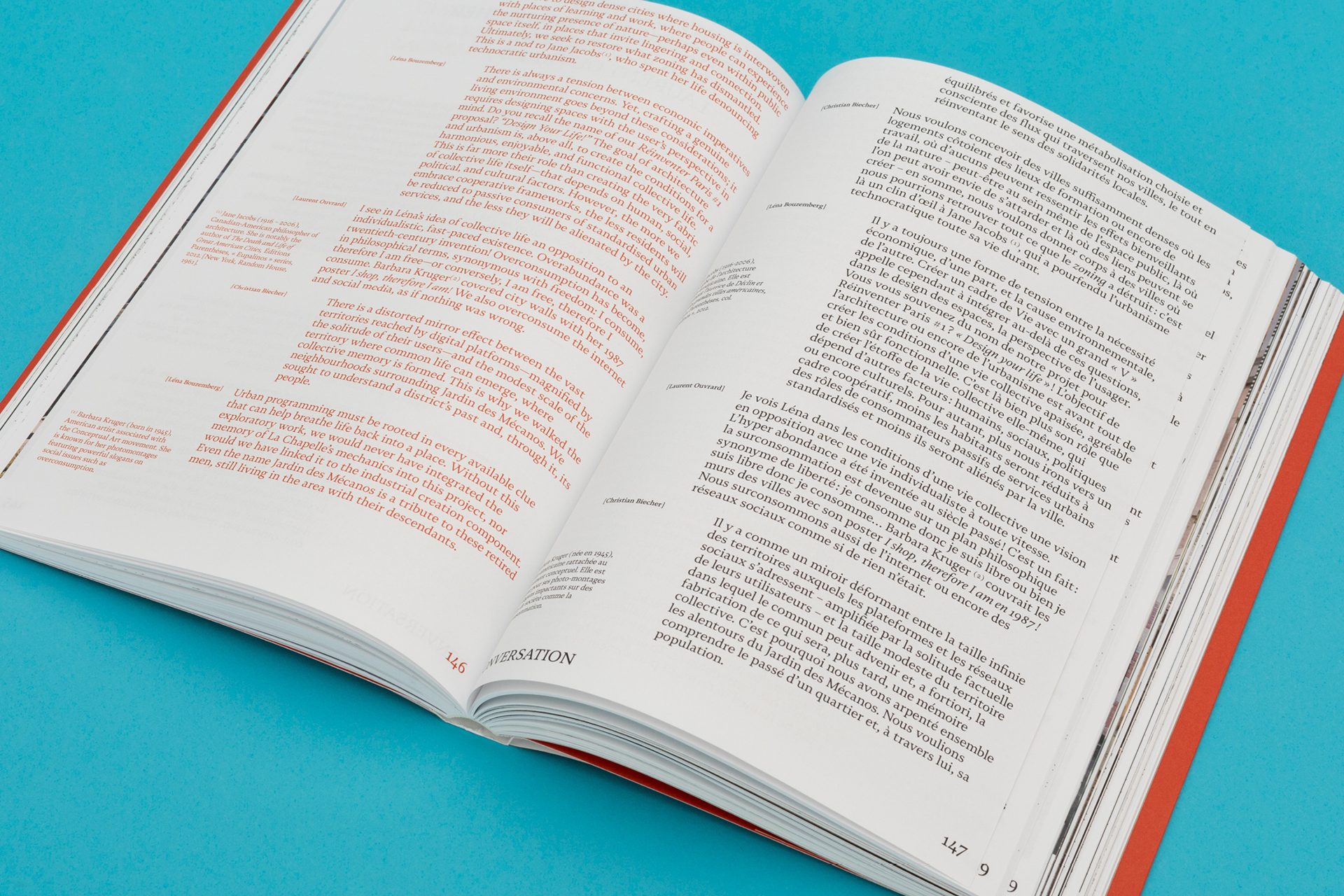 Graphisme éditorial pour livre d’architecture avec mise en page contemporaine et textes soignés utilisant une typographie spécifique, illustrant les projets de l’architecte Christian Biecher